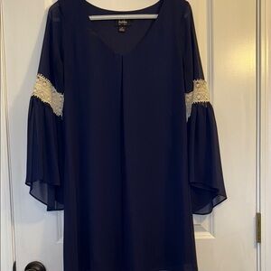 by & by Blue and Cream Bell Sleeve V-Neck Dress